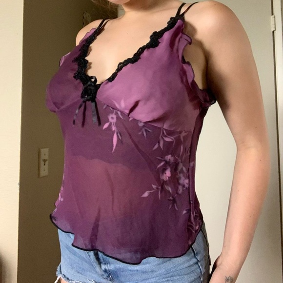 Sheer European Purple Blossom Chiffon Blouse - Picture 6 of 7